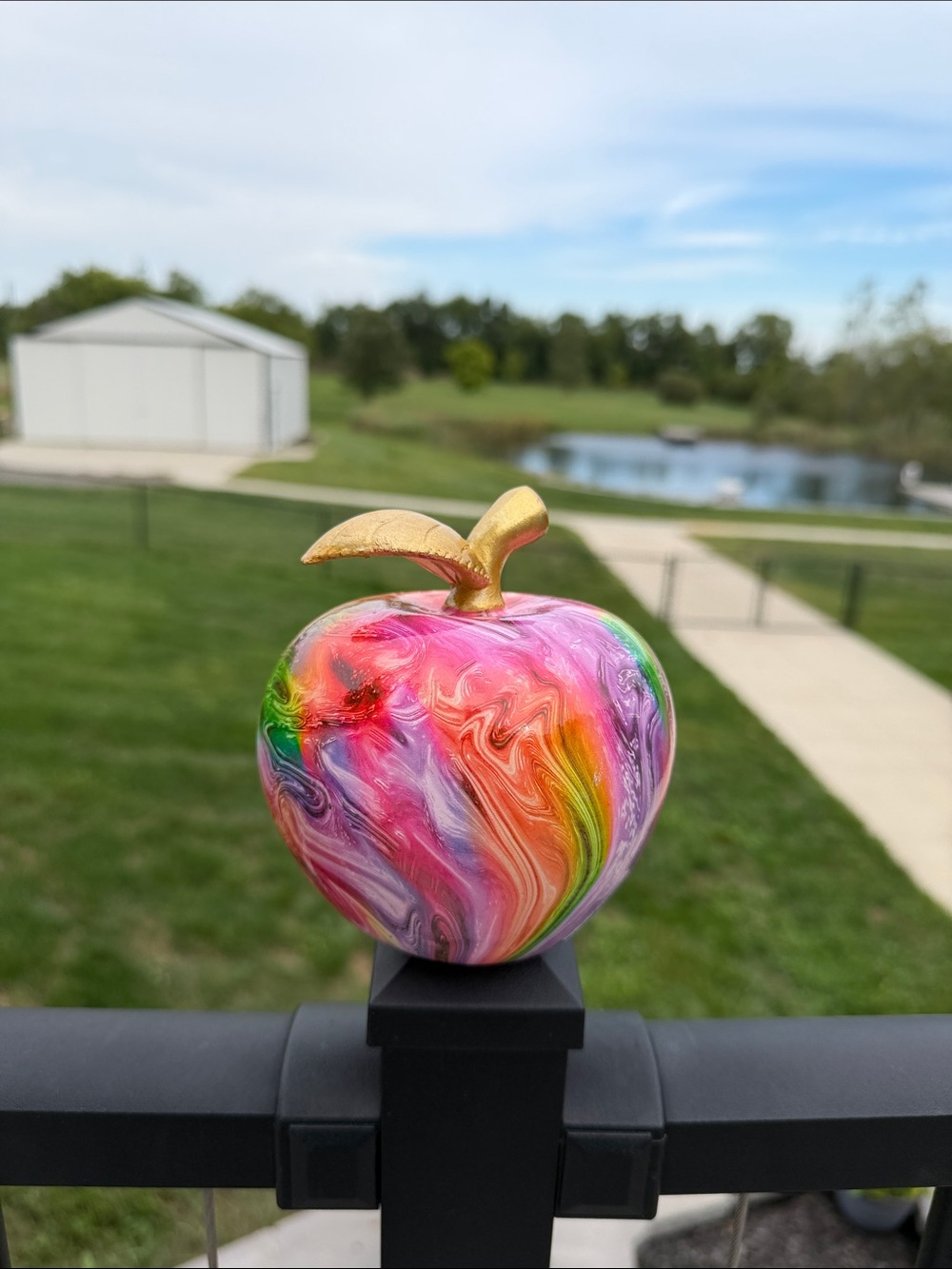 Multicolor Swirl Decorative Apple Sculpture with Gold Leaf Stem - Home Art